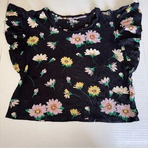 LOFT Black Floral Ruffle Sleeve Top with Pink & Yellow Blooms